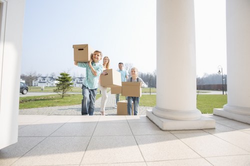 Cardboard moving boxes arranged for a London relocation